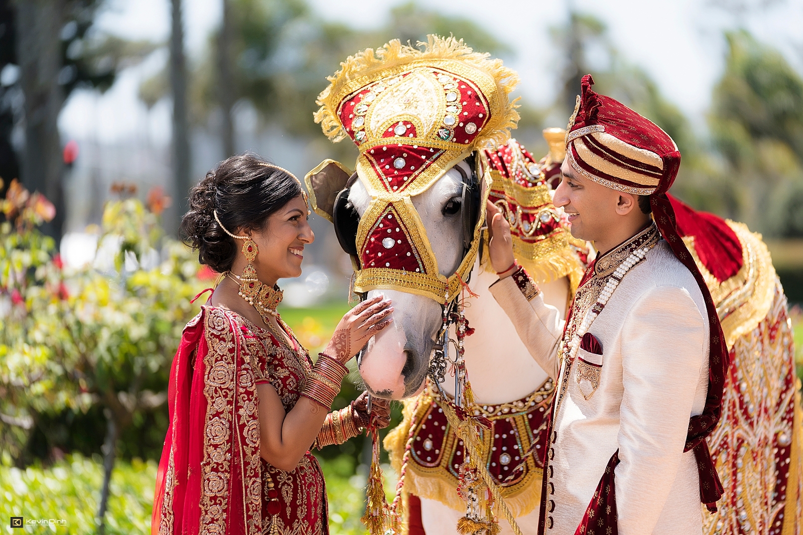 Indian bride and groom with horse